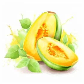 Vibrant Illustration of a Green Melon with Leaves - Realistic Scenery