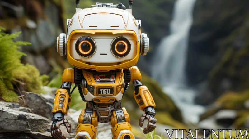 AI ART Yellow and White Robot by Waterfall