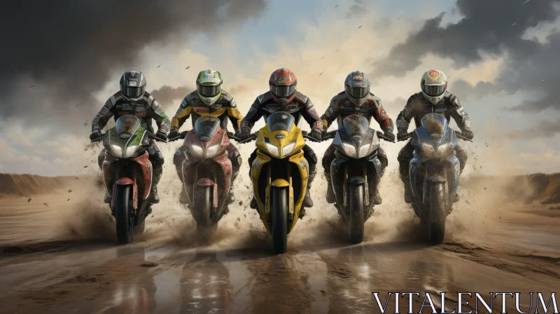 Intense Motorcycle Racing on Wet Dirt Track AI Image