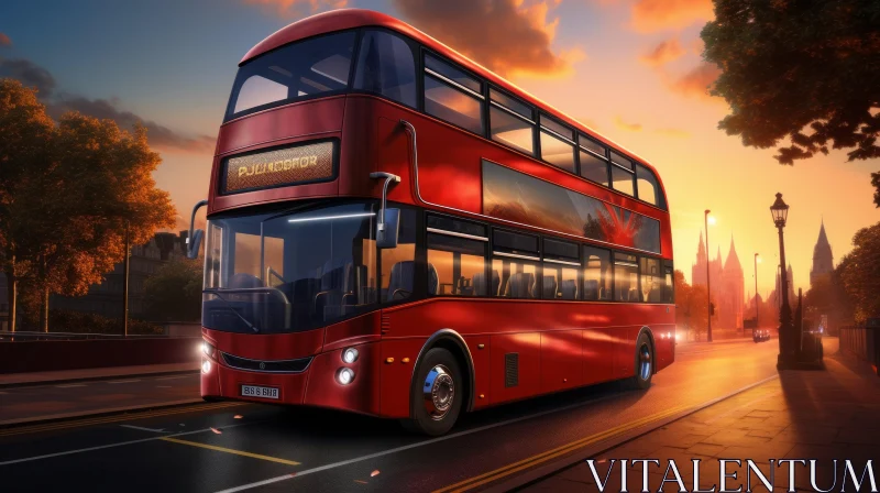 AI ART London Cityscape: Red Double-Decker Bus at Sunset
