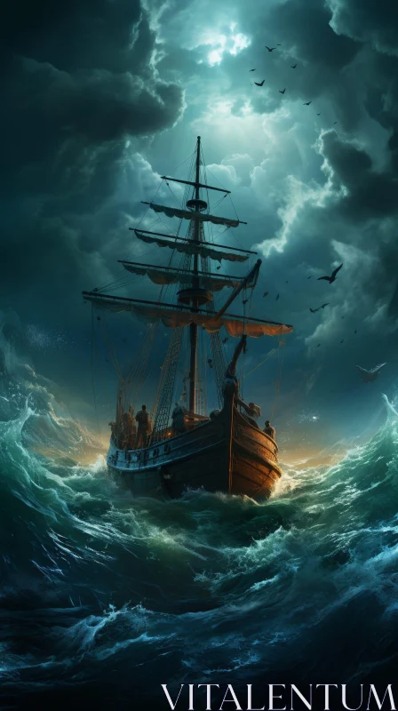 Moonlit Wooden Ship Battling Stormy Waves AI Image