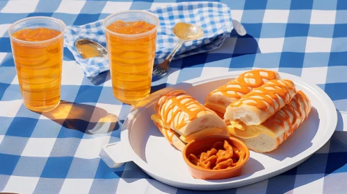 Sunny Day Picnic Scene with Orange Soda and Cheese Sandwich