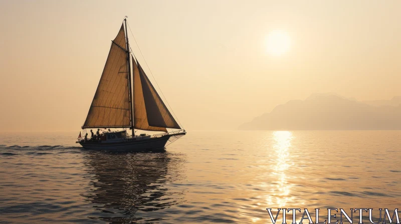 AI ART Tranquil Sunset Sailing Boat Scene