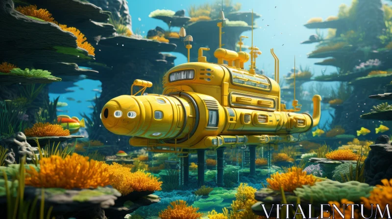 AI ART Yellow Submarine Exploration in Colorful Coral Reef