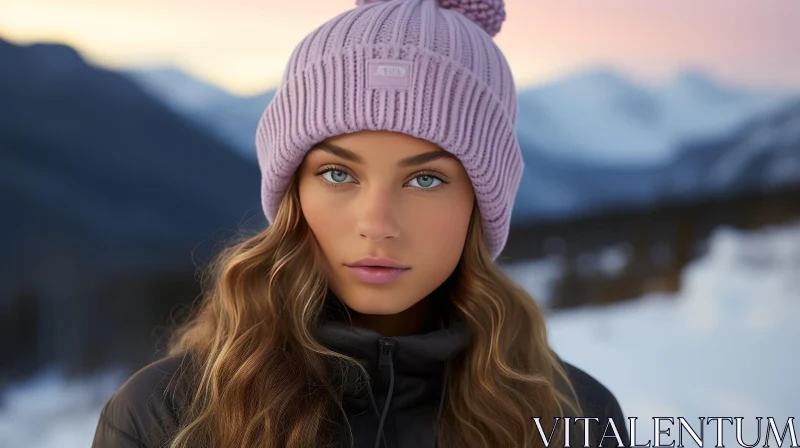 Young Woman in Purple Beanie Hat in Snowy Landscape AI Image