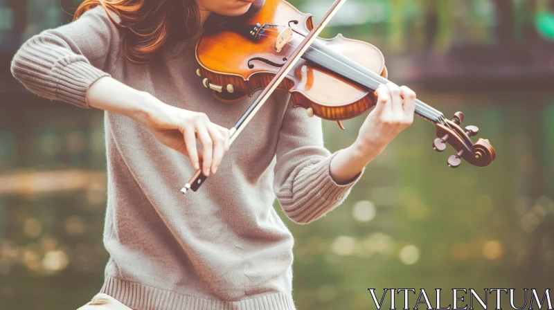 Young Woman Playing Violin Outdoors - Serene Music Moment AI Image