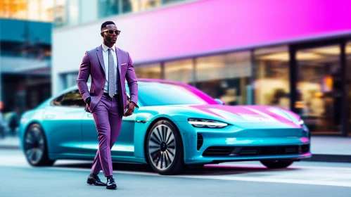 Confident African-American Man in Purple Suit with Futuristic Car