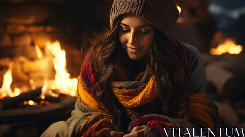 Cozy Fireplace Scene with Young Woman AI Image