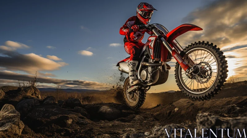 AI ART Extreme Dirt Bike Rider Jumping Over Rocky Hill at Sunset