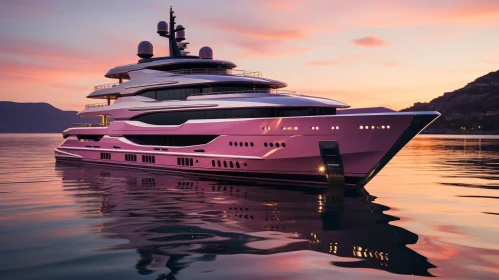 Pink Yacht Anchored in Calm Sea at Sunset