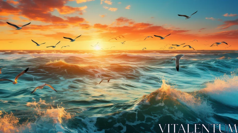 Serene Seascape at Sunset - Ocean Waves and Seagulls AI Image