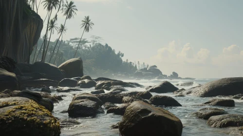 Tranquil Rocky Beach with Palm Trees and Clear Water