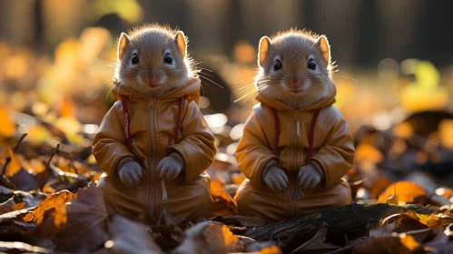 Adorable Chipmunks in Yellow Jackets - Forest Scene