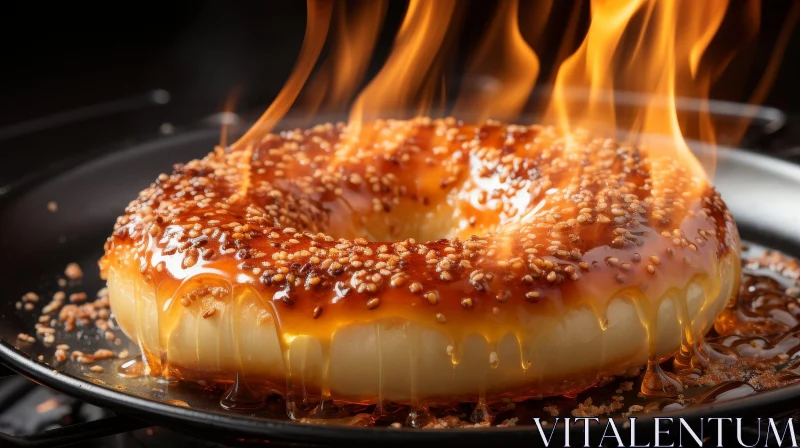 Fiery Glazed Donut with Sesame Seeds on Black Plate AI Image