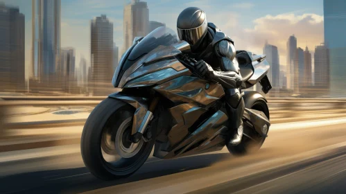 Futuristic Motorcycle Suit Riding Man in Cityscape