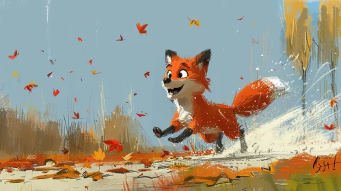 Joyful Cartoon Illustration of a Red Fox Running Through a Field