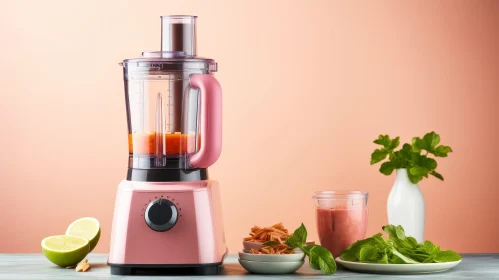 Pink Blender with Smoothie and Basil on Table