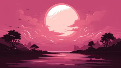 Pink Moonrise Landscape Over Calm Lake