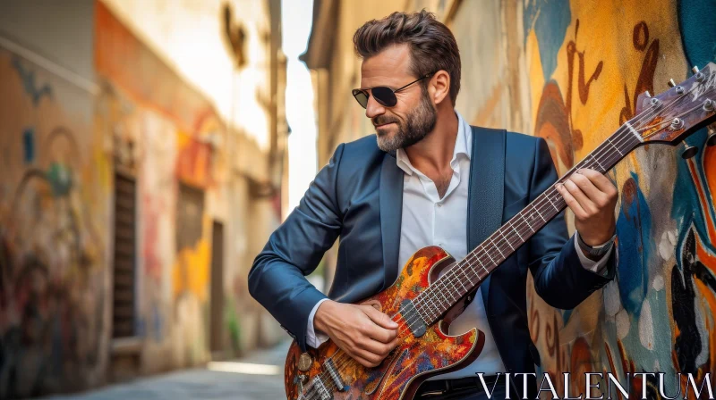 Street Musician Playing Guitar in Colorful Urban Setting AI Image