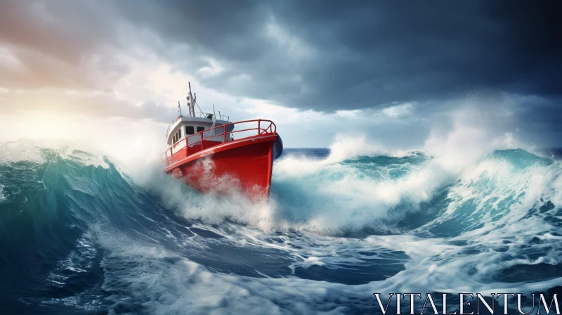 Struggling Red Boat on Turbulent Sea AI Image