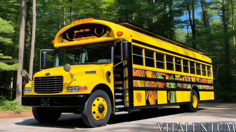 Yellow School Bus in Forest Setting AI Image
