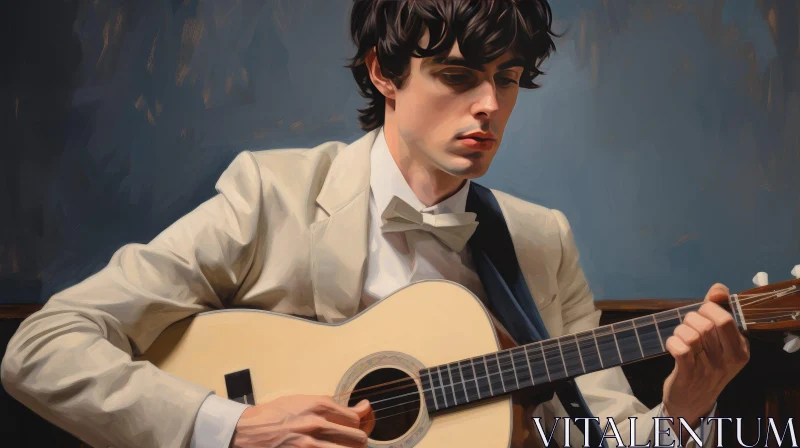Young Man Playing Guitar in White Suit AI Image