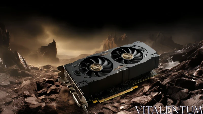 Black Video Card with Cooling Fans on Rocky Surface AI Image