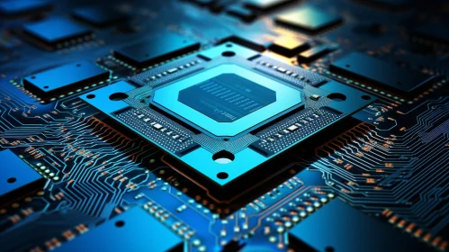 Computer Processor Close-up: Blue Chip on Green Circuit Board