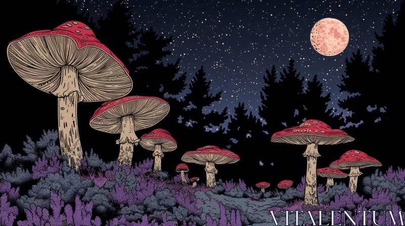 Enigmatic Forest Night with Red Mushrooms AI Image