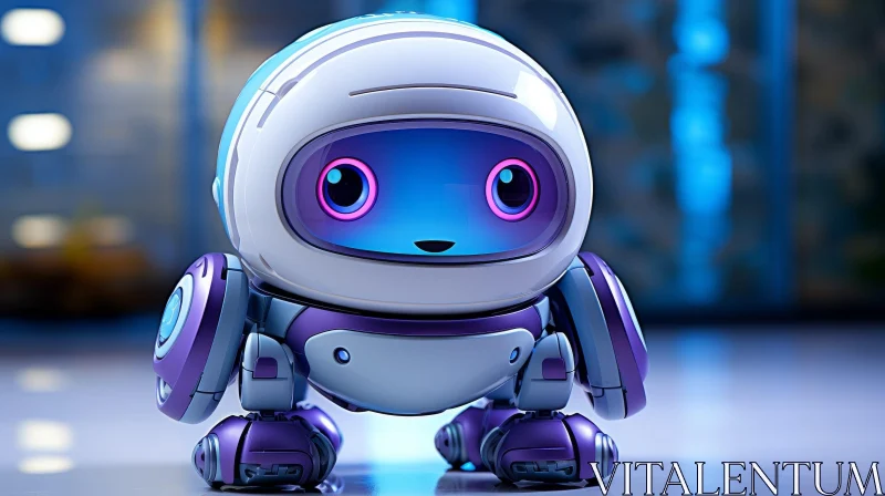 Friendly Purple-Eyed Robot in Futuristic City AI Image