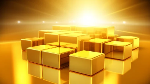 Golden Cubes 3D Rendering on Metallic Background