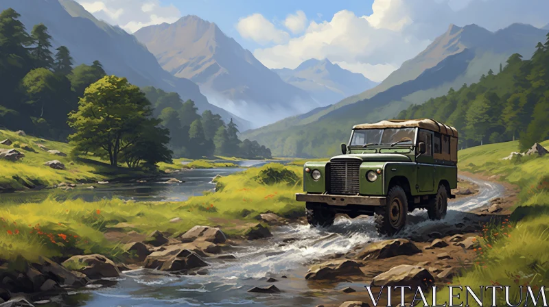 Green Jeep Driving on River Road - Delicately Rendered Landscapes AI Image