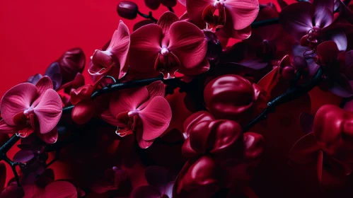 Pink Orchids on Red Background - Close-Up Floral Photography