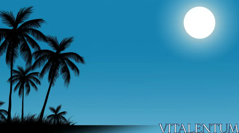 Tranquil Night Landscape with Silhouetted Palm Tree and Moon AI Image