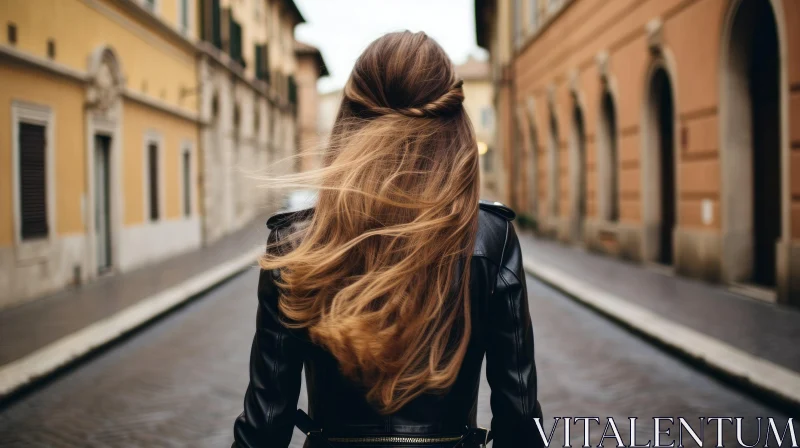 AI ART Urban Elegance: Young Woman in Black Leather Jacket Walking in European City