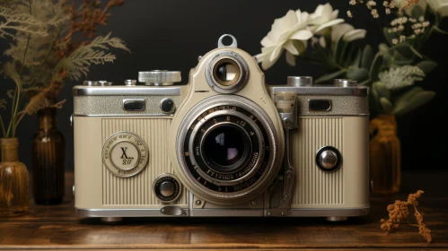 Vintage Camera on Wooden Table with Flowers and Leaves