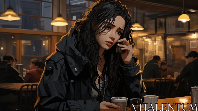 Young Woman in Cafe Digital Painting AI Image