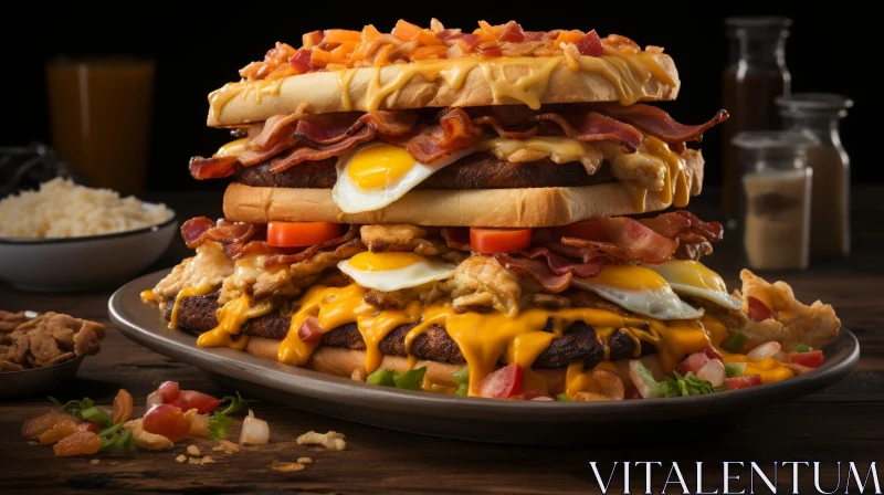 Delicious Three-Layer Burger with Cheese, Bacon, and Egg AI Image