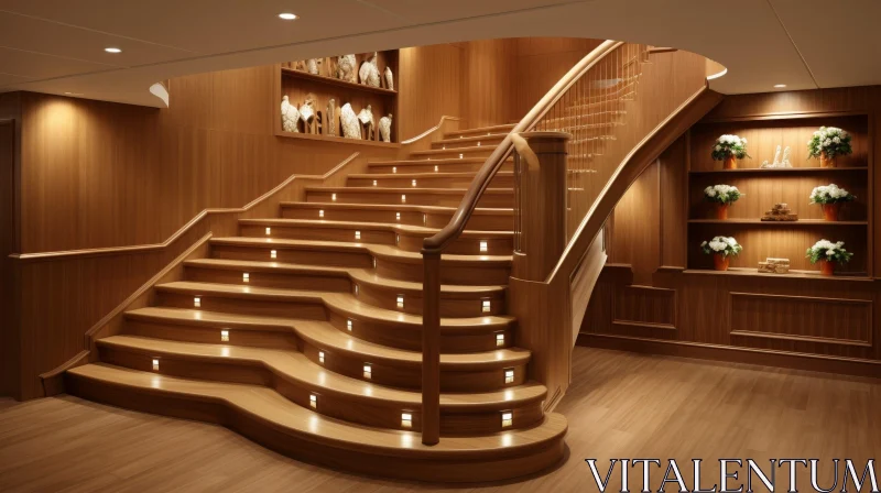 Elegant Wooden Staircase with Curved Handrail and Illumination AI Image