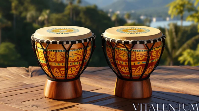 Intricate African Drums on Wooden Surface AI Image