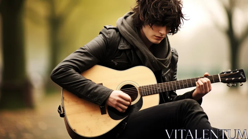 Male Musician Playing Acoustic Guitar Outdoors AI Image