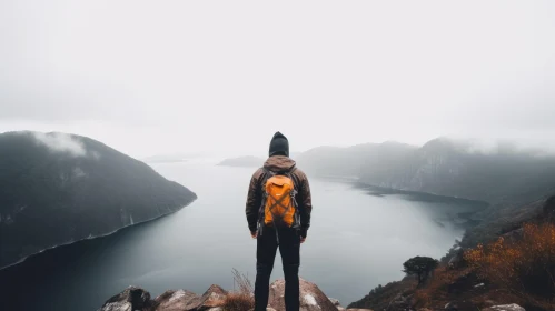 Peaceful Hiker on Cliff Overlooking Lake