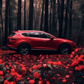 Red SUV in Flowers: Minimalist Monochromatic Landscapes
