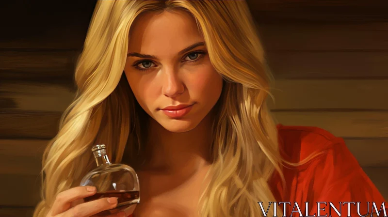 Serious Young Woman Portrait with Whiskey Bottle AI Image