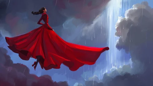 Surreal Woman in Red Dress on Cloud Painting