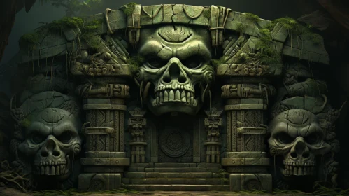 Temple Entrance Digital Painting with Skull Statues