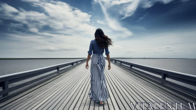 Tranquil Woman on Wooden Pier Under Blue Sky AI Image