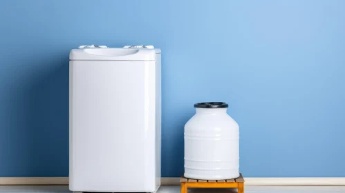 White Washing Machine and Plastic Canister on Wooden Stand