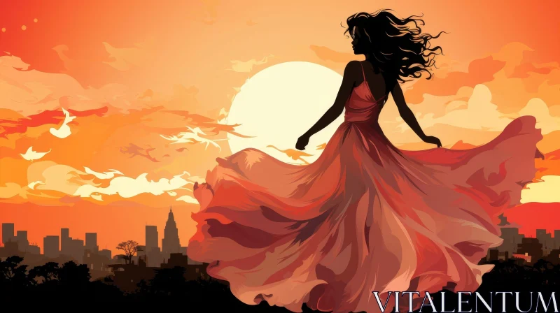 Woman in Red Dress at Sunset AI Image