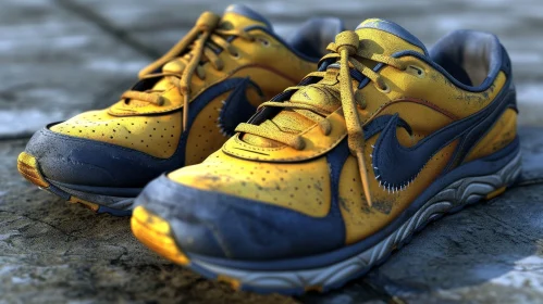 Yellow and Blue Running Shoes on Gray Stone Surface